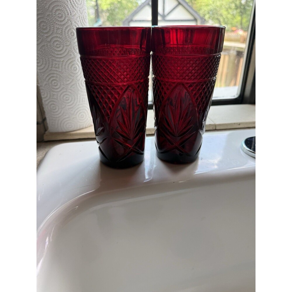 2x Cooler Tumbler Glass Luminarc JG Durand Antique Pattern Ruby Red 6 1/8"